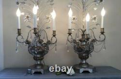 Vintage Pair Gilt Wood Crystal Beaded Flower Urn Lamp Candelabras 38