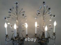 Vintage Pair Gilt Wood Crystal Beaded Flower Urn Lamp Candelabras 38