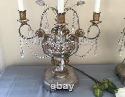Vintage Pair Gilt Wood Crystal Beaded Flower Urn Lamp Candelabras 38