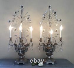 Vintage Pair Gilt Wood Crystal Beaded Flower Urn Lamp Candelabras 38