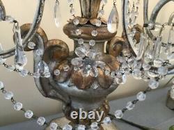 Vintage Pair Gilt Wood Crystal Beaded Flower Urn Lamp Candelabras 38