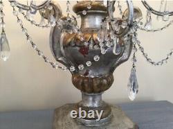 Vintage Pair Gilt Wood Crystal Beaded Flower Urn Lamp Candelabras 38