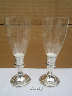 Vintage Pair Gorham Sterling Silver Candle Stick Hurricane Holders Etched Glass