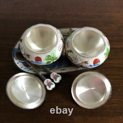 Vintage Pair Korean Cloisonne Enamel 99% Pure Silver Sugar Bowl Tray and Spoons