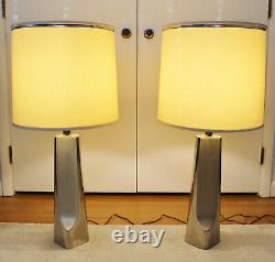 Vintage Pair Laurel Sculptural Brushed Steel, Chrome Table Lamps with Shades