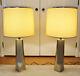 Vintage Pair Laurel Sculptural Brushed Steel, Chrome Table Lamps With Shades