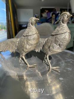 Vintage Pair Male & Female Silver Tone Metal Pheasant Figurines. MADE IN ITALY