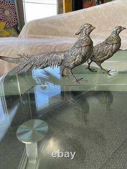 Vintage Pair Male & Female Silver Tone Metal Pheasant Figurines. MADE IN ITALY