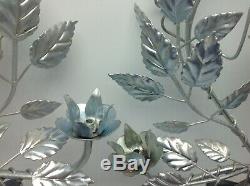 Vintage Pair Metal Wall Sconce Italian Hollywood Regency 2 Candle Silver Leaf