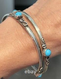 Vintage Pair Mexican Sterling Silver Bangle Turquoise Bracelets