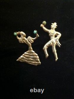 Vintage Pair Mexican Sterling Silver Turq Flamenco Dancer Man Woman 2 Pin Mexico