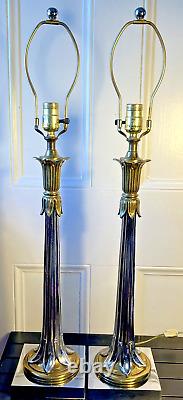 Vintage Pair Mid Century HOLLYWOOD REGENCY Chrome + Brass Table Lamps Leaf Pedal