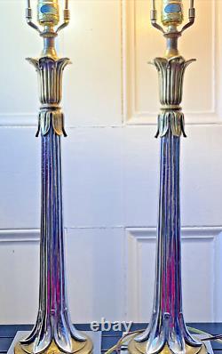 Vintage Pair Mid Century HOLLYWOOD REGENCY Chrome + Brass Table Lamps Leaf Pedal