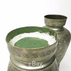 Vintage Pair Middle East Hand Etched Carved Silver Over Copper Urn Jar Vase