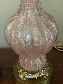 Vintage Pair Murano BAROVIER & TOSO Pink Silver Fleck Bedside Table Glass Lamps