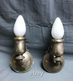 Vintage Pair Nickel Brass Interior Wall Sconce Light Fixtures Old 1903-22B