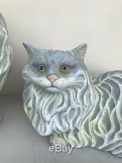 Vintage Pair Of Life Size Ceramic Persian Cat Statues Silver & Grey Green Eyes