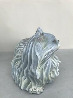 Vintage Pair Of Life Size Ceramic Persian Cat Statues Silver & Grey Green Eyes
