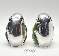 Vintage Pair Of Porcelain & Sterling Silver Frogs Salt & Pepper Shakers