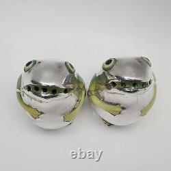 Vintage Pair Of Porcelain & Sterling Silver Frogs Salt & Pepper Shakers