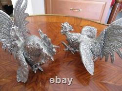 Vintage Pair Of Silver Plate Fighting Cocks Rooster Fifurines Italy
