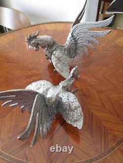 Vintage Pair Of Silver Plate Fighting Cocks Rooster Fifurines Italy