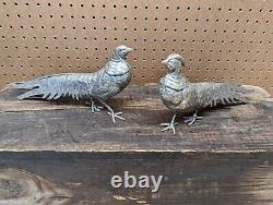 Vintage Pair Of Silver Plated Pheasants Figurine Decorative Vintage