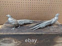 Vintage Pair Of Silver Plated Pheasants Figurine Decorative Vintage