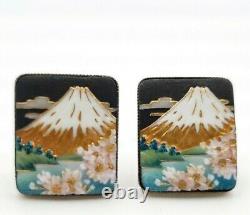 Vintage Pair Of Toshikane Japan Painted Cherry Blossom Volcano Cufflinks silver