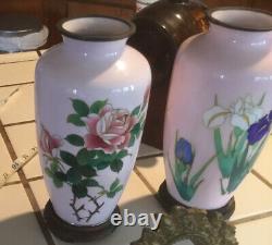 Vintage Pair Pink Roses Hirosuke 1865-1937 Japan Cloisonné Silver Brass? Vases