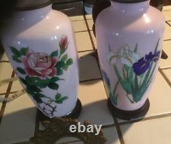 Vintage Pair Pink Roses Hirosuke 1865-1937 Japan Cloisonné Silver Brass? Vases