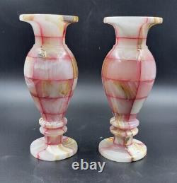 Vintage Pair Pink Silver Gold Marble Pattern Onyx Stone Carved Planter