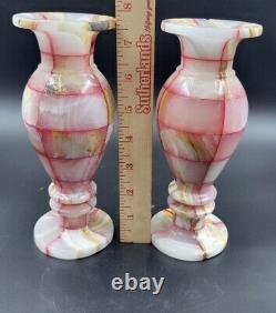 Vintage Pair Pink Silver Gold Marble Pattern Onyx Stone Carved Planter