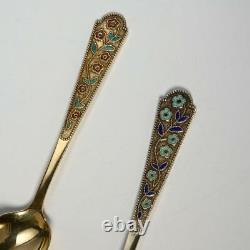 Vintage Pair Russian 875 Silver & Enamel Spoons, 5.75l