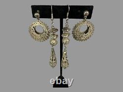 Vintage Pair Silver Dangle Drop Earrings & Pair Round Silver Open Work Earrings