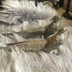 Vintage Pair Silver Plated Pheasants Male Female Pair Mid Century 50s 60s Italy