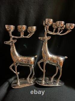 Vintage Pair Silver-plated Reindeer Candle Holder Deer Stag Antler Figurine
