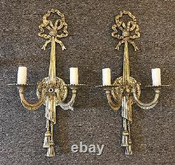 Vintage Pair Solid Brass Silver Plated Wall Mount Wired 2 Arm Sconces 23x10