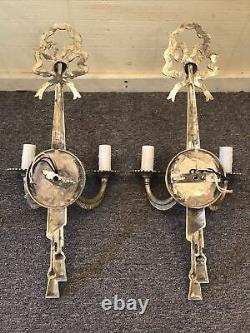 Vintage Pair Solid Brass Silver Plated Wall Mount Wired 2 Arm Sconces 23x10