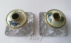 Vintage Pair Sterling & Glass Guilloche Enamel Candlestick Theodore Olsen Norway