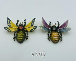 Vintage Pair Sterling Silver Enamel Figural Bee Bug Pins