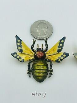 Vintage Pair Sterling Silver Enamel Figural Bee Bug Pins