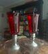 Vintage Pair Sterling Silver Ruby Red Glass Hurricane Candle Holders