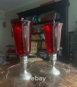 Vintage Pair Sterling Silver Ruby Red Glass Hurricane Candle Holders