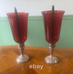 Vintage Pair Sterling Silver Ruby Red Glass Hurricane Candle Holders