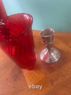 Vintage Pair Sterling Silver Ruby Red Glass Hurricane Candle Holders