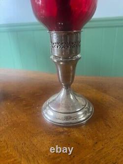 Vintage Pair Sterling Silver Ruby Red Glass Hurricane Candle Holders