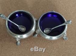 Vintage Pair Sterling Silver Salt Cellars with Cobalt Blue Glass Liners & Spoons