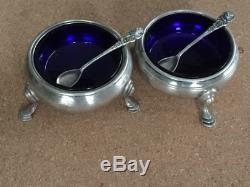 Vintage Pair Sterling Silver Salt Cellars with Cobalt Blue Glass Liners & Spoons