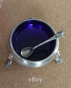 Vintage Pair Sterling Silver Salt Cellars with Cobalt Blue Glass Liners & Spoons